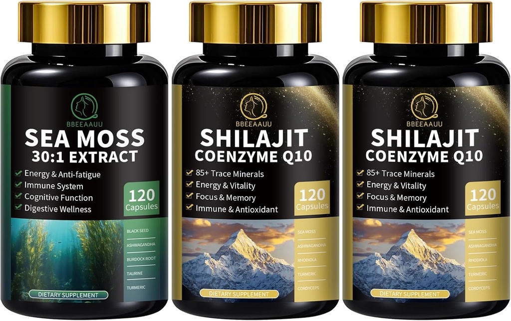Sea Moss og Shilajit Capsules for menn og kvinner, Alle i 1 Kosttilskudd med Shilajit, Sea Moss, Coenzym Q10, Black Seed, Ashwagandha, Burdock for energi, Antioksidant og immunstøtte