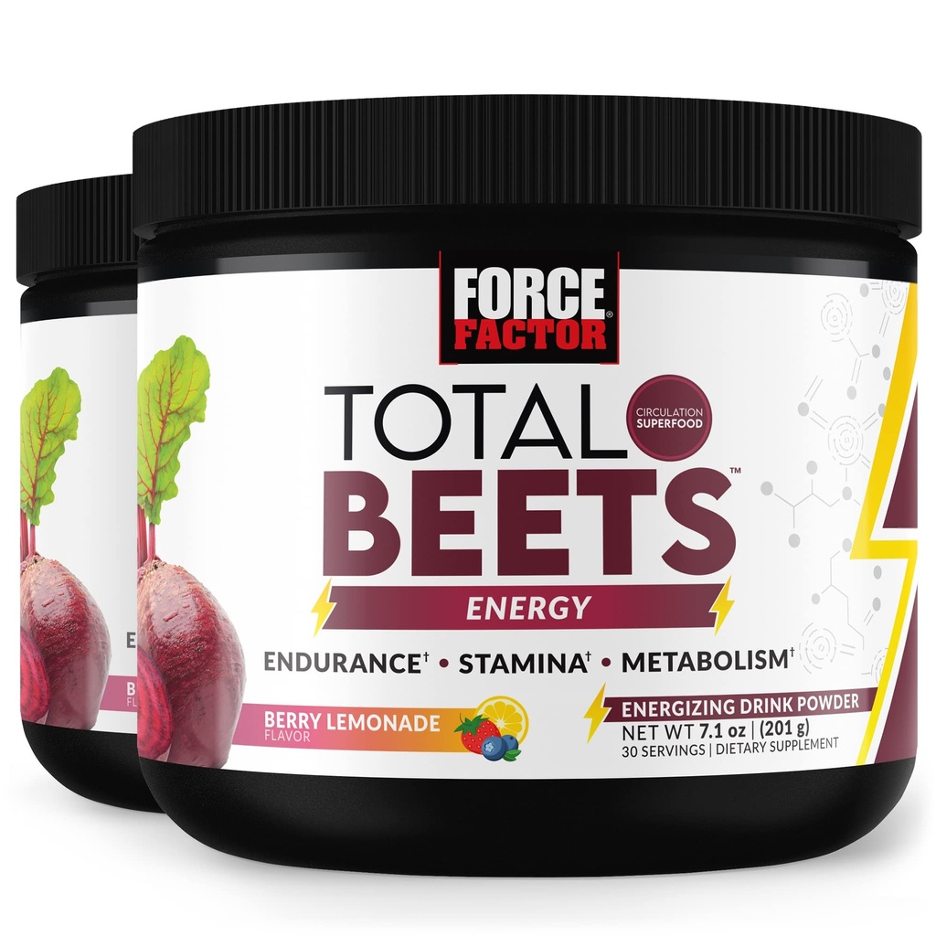 FORCE FACTOR Total Beets Energi Drink Bland 2-Pack, Superfood Beet Root Powder, Nitrater å øke energi, støtte sirkulasjon, blodflow, nitrogenoksid og utholdenhet, hjertehelse Supplement, 60 serveringer