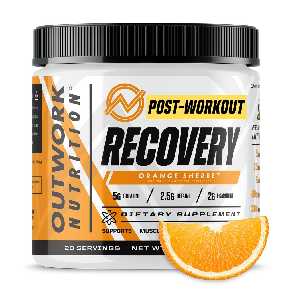 Outwork Nutrition Post Trening Recovery Powder - Kreatin Monohydrat, KSM-66 Ashwagandha & Tart Cherry - Speeds Recovery, Eases Soreness - Kreatin pulver for menn og kvinner, Orange Sherbet, 230 Gr