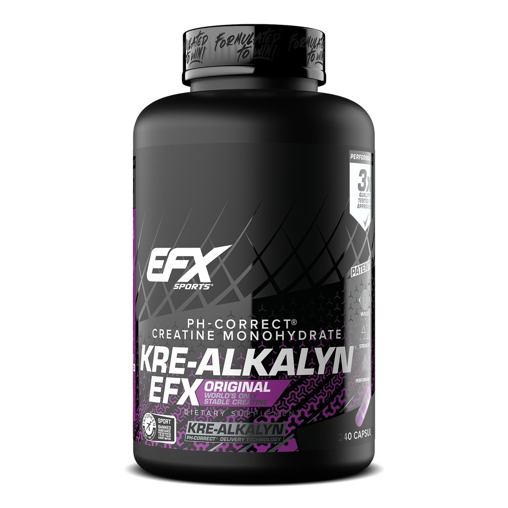 EFX Sports Kre-Alkalyn EFX pH Korrekt Kreatin Monohydrat Pill Supplement | Styrke, Muskelvekst og ytelse | 120 Serveringer, 240 Kapsler