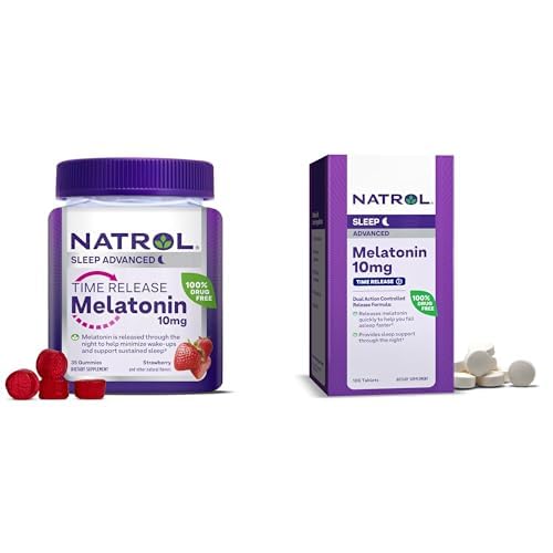 Budle av Narrol Time Release Melatonin 10 mg 100 tabletter, kosttilskudd for hvilefull søvn, & Narrol Time Release Melatoning 3mg Gummies, 35 Strawberry-Flavored Melatonin Gummies, 35 dagers forsyning