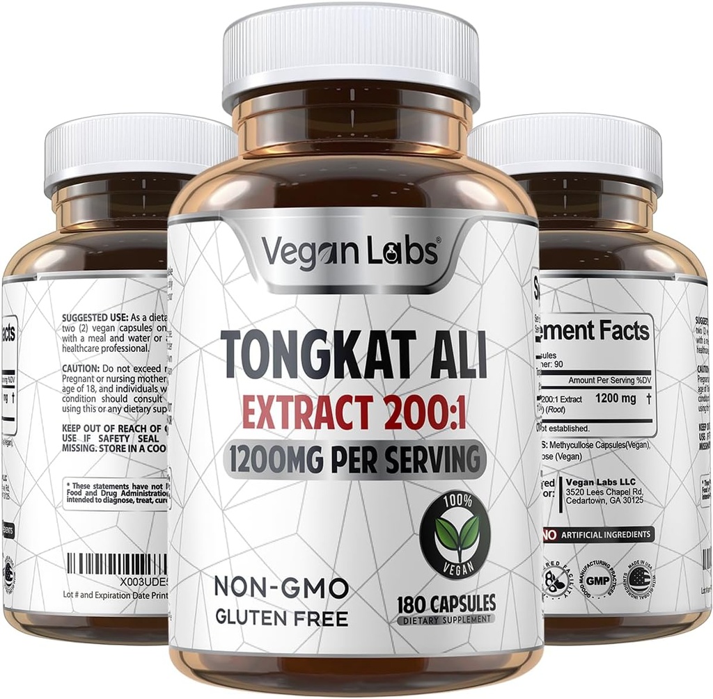 Vegan Labs Tongkat Ali 200:1 Ekstrakt, 1200MG Per Servings- 180 Vegan Capsules- Støtter Energi og Stamina- Glutenfri, Ikke-GMO Premium Quality Supplement