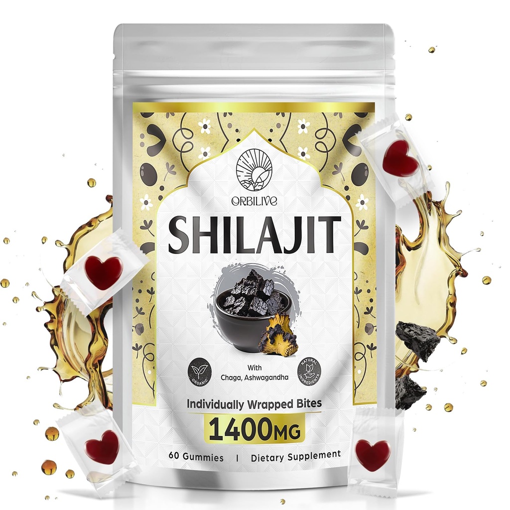 1400 MG Shilajit Gummies, Shilajit ren Himalayan Organic Gummies med Ashwagandha, Himalayan shilajit for menn, 85+ Trace Minerals & Fulvic Acid, Individuelt omgitt, sukker-fri, 60 greve