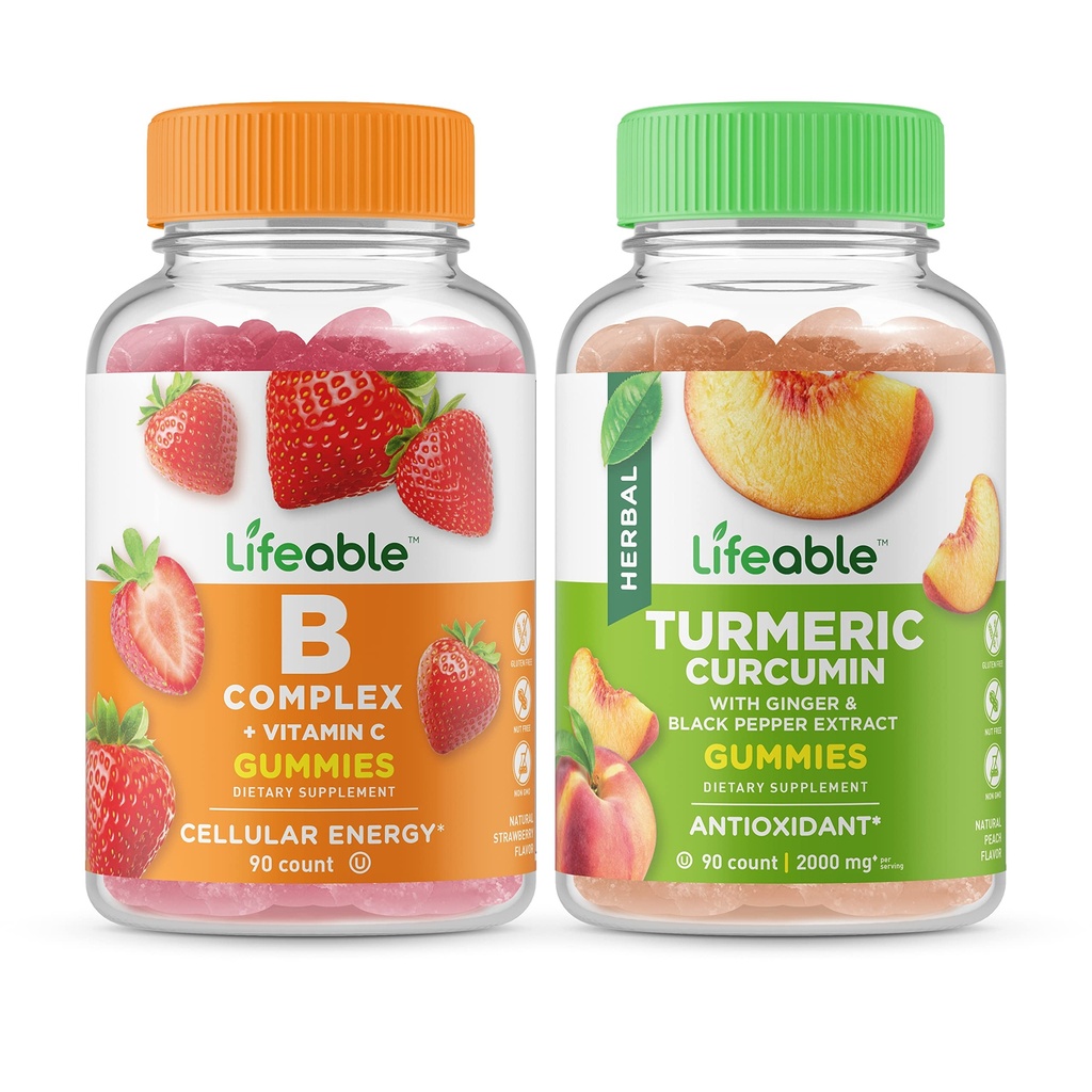 Livbar B Kompleks + gummi curcumin, gummier bundle - Great Tasting, Vitamin Supplement, Glutenfri, GMO Gratis, Chewable