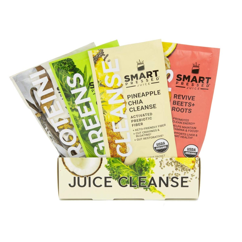 SMART presset juice 1-dagers økologisk juice rens | Sunn detox program | Vegan vanilla protein, grønn juice, betes juice & Pineapple Chia renser | høy fiber & vegansk