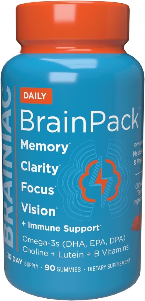 Brainiac Daily BrainPack Gummies, støtter hjernens helse med Omega 3 DHA EPA DPA, Choline, B6 & B12 og Lutein for øyehelse med immunstøtte, Citrus Berry Flavor, 90 ct