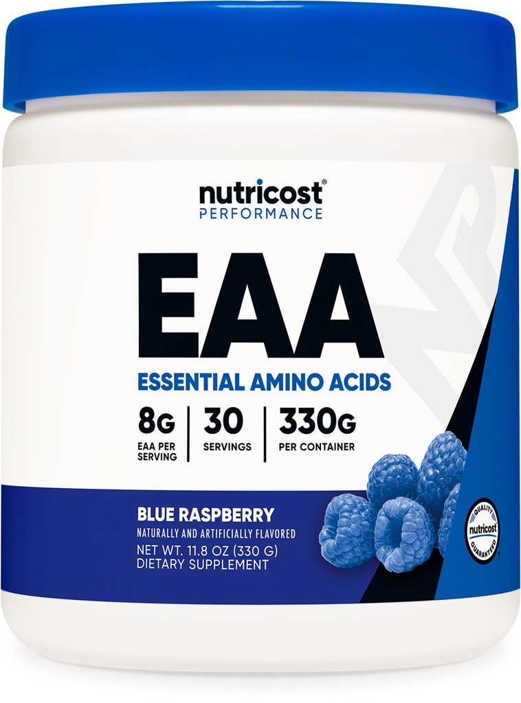 Nutricost EAA pulver 30 serveringer (blå bringebær) - essensielle aminosyrer - Ikke-GMO, Glutenfri, Vegetarvennlig