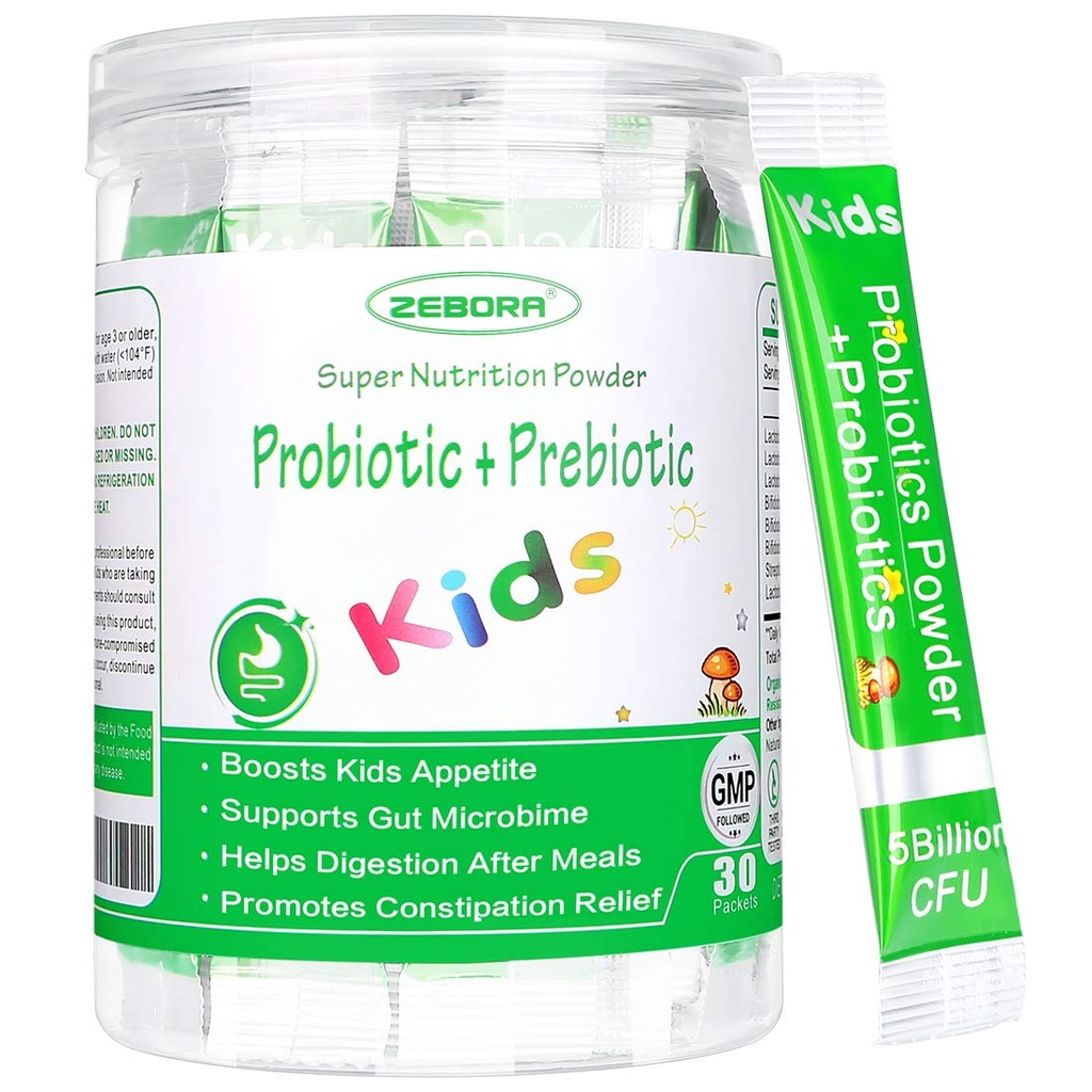 ZEBORA Kids Probiotic & Prebiotics Powder Age 3+ Støtte Barns Digestive & Immune System med naturlig kilde, fremmer parabol relief, ikke-GMO, Glutenfri, 30 Pakker med 5 milliarder CFUs