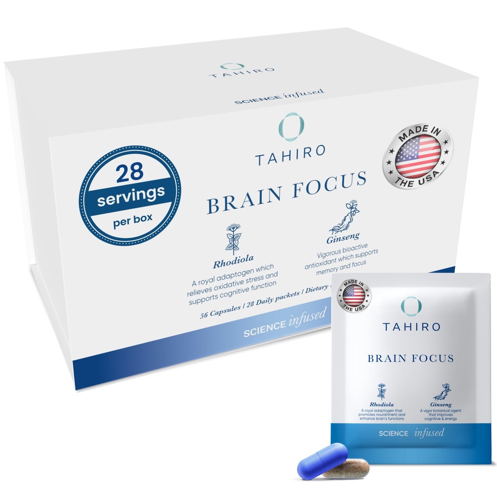 Tahiro Brain Focus Supplement – Brain Kosttilskudd for hukommelse og fokus – Naturlig brain Support Supplement med Gingko Biloba, Panax Ginseng, Herbal Extracts – Ikke-GMO Vegan Brain Booster – 28-Packets