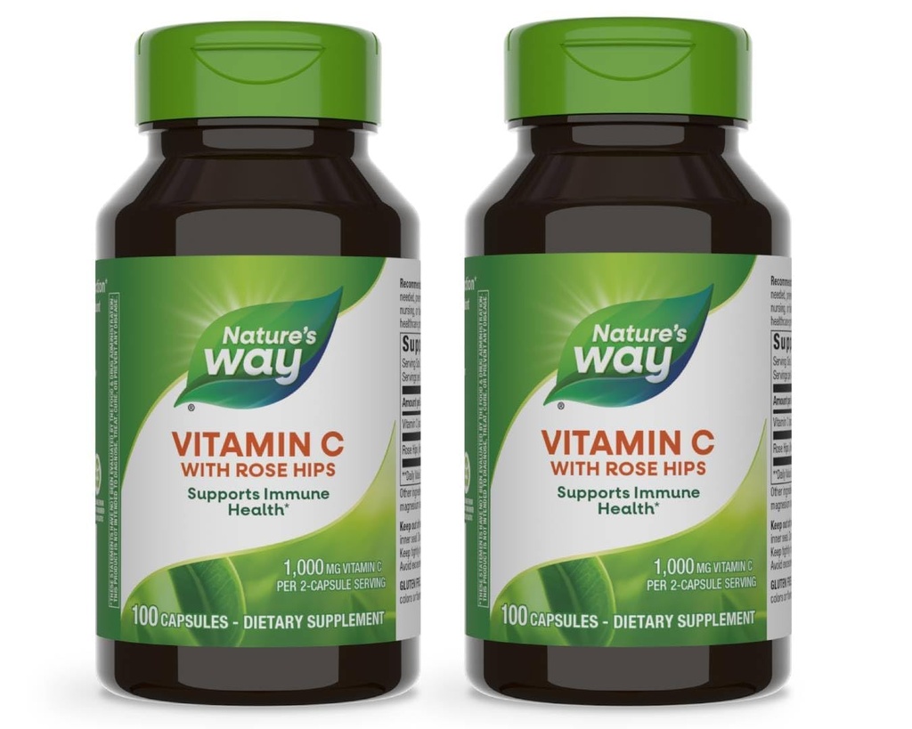 Naturens måte Vitamin C med Rose HIPS, kraftig antioksidant og immunfunksjonsstøtte fra vitamin C*,Promotes kollagen for sunn hud*, 100 kapsler (pakke May Vary) - 2 Pack