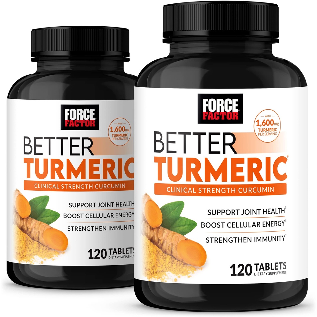 FORCE FACTOR Better Turmeric 2-pakke felles støtte Supplement med HydroCurc Turmeric Curcumin med svart pepper, klinisk styrke felles støtte, 240 tabletter, hvit emballasje