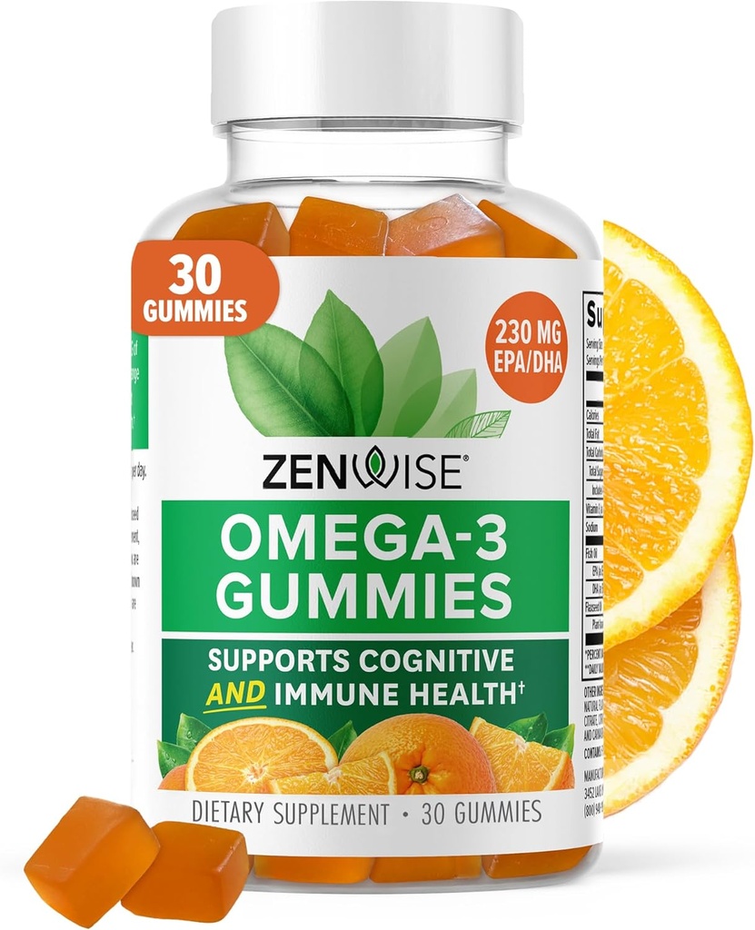 Zenwise Helse Omega 3 Gummy Supplement - Burpless Omega 3 Supplement med DHA & EPA fettsyrer for immunhelse - Begrenset kildet fiskeolje, Flaksfrøolje og vitamin E - 30 Gummies