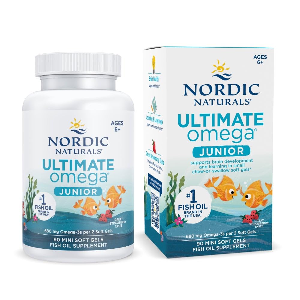 Nordic Naturals Ultimate Omega Jr., Strawberry - 90 Mini Soft Gels - 680 Total Omega-3s med EPA & DHA - Brain Health, Mood, Learning - Ikke-GMO - 45 Services