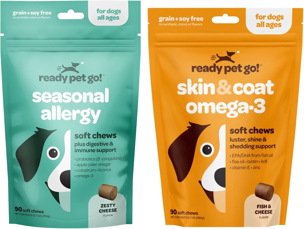 Klar Kjæledyr Gå! Omega 3 & Allergi Chews for hunder | Probiotika og Allergi Immuntilskudd for kløe og allergi Relief | Fish Oil for hund Shedding, hudallergi, kløe relief | 90 Chews Hver