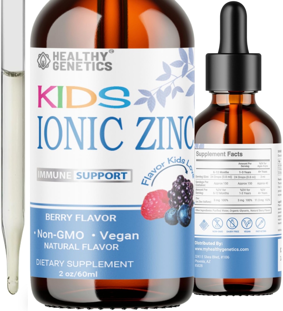 Ioniske flytende sinkdråper for barn og tilhengere | 30 dagers forsyning | Zink Sulfat | Immunitet, Mood, Hjerne Thyroid | 2 Oz