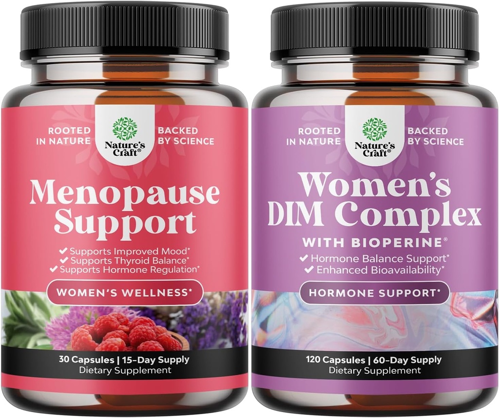 Bundle av komplette Herbal Menopause Supplement for kvinner - Multi fordel Menopause Ease Hormon Balance, og Potent DIM Supplement for kvinner med DIM og svart Pepper Menopause Support og PMS Relief
