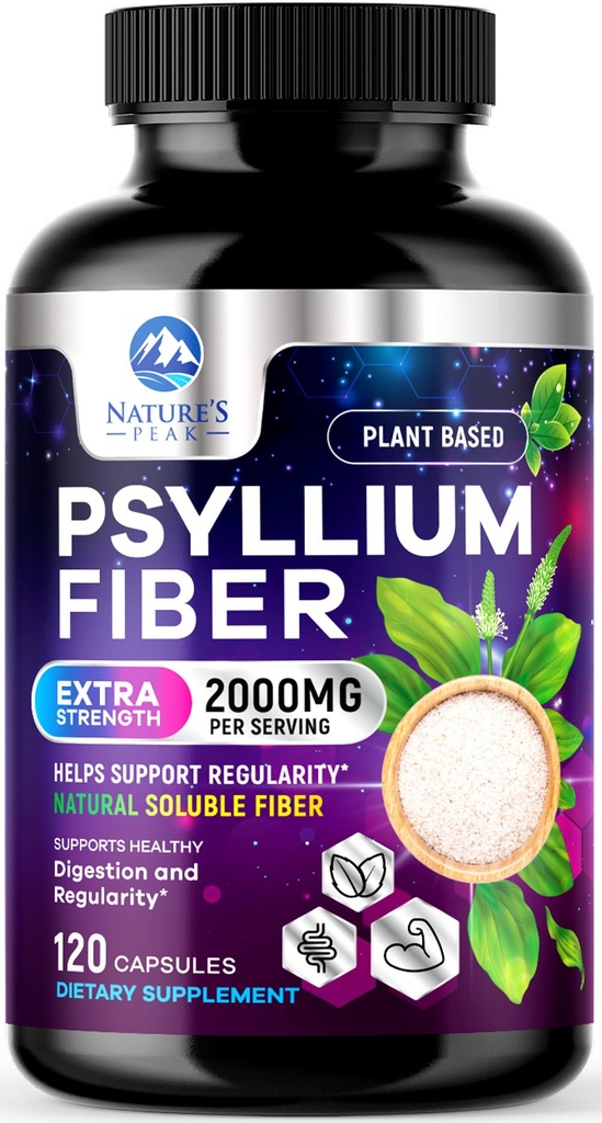 Psyllium Husk Fiber Supplement 1500mg - Vegansk Prebiotisk, Oppløselig Fiber for daglig Digestiv Helse & Regelmessig Støtte, Naturlig Psyllium pulver Caps, Sukkerfri, Ikke-GMO & Glutenfri - 120 Kapsler