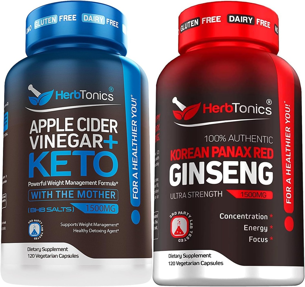 Herbtonics Apple Cider Vinegar Capsules Plus Keto BHB Fat Burner & Vekttap Supplement for kvinner og menn - høy styrke Ginseng Korean Red Panax Extract - ytelsesstøtte for menn og kvinner