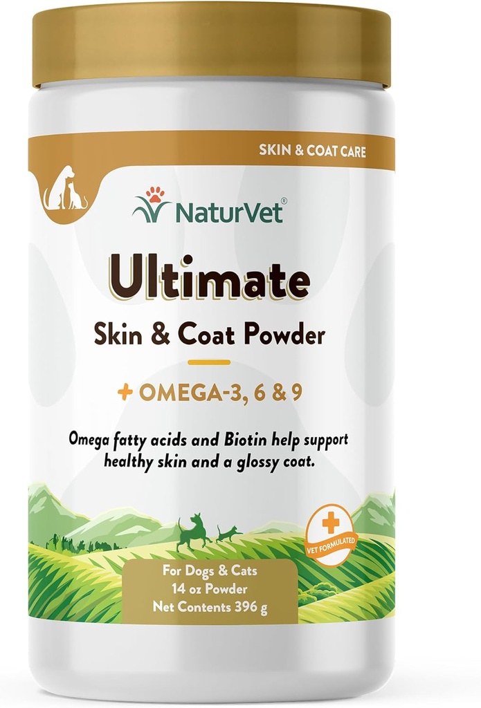 NaturVet Ultimate Skin og Coat Powder Plus Omega 3, 6 og 9 Supplement for hunder og katter, pulver, laget i USA med global kilde ingredienser 14 Ounce