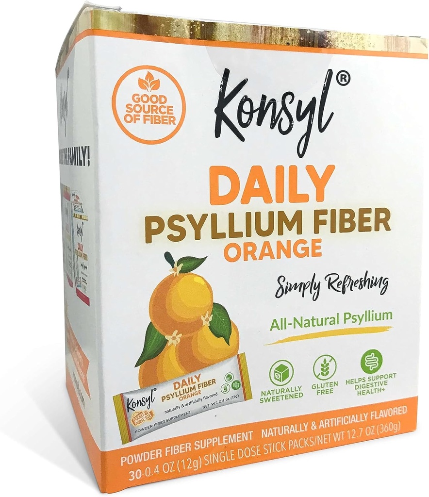 Konsyl Daily Fiber Orange 100% naturlig Psyllium Husk pulver - naturlig søtet - Glutenfri - 30 individuelle Stickpacks
