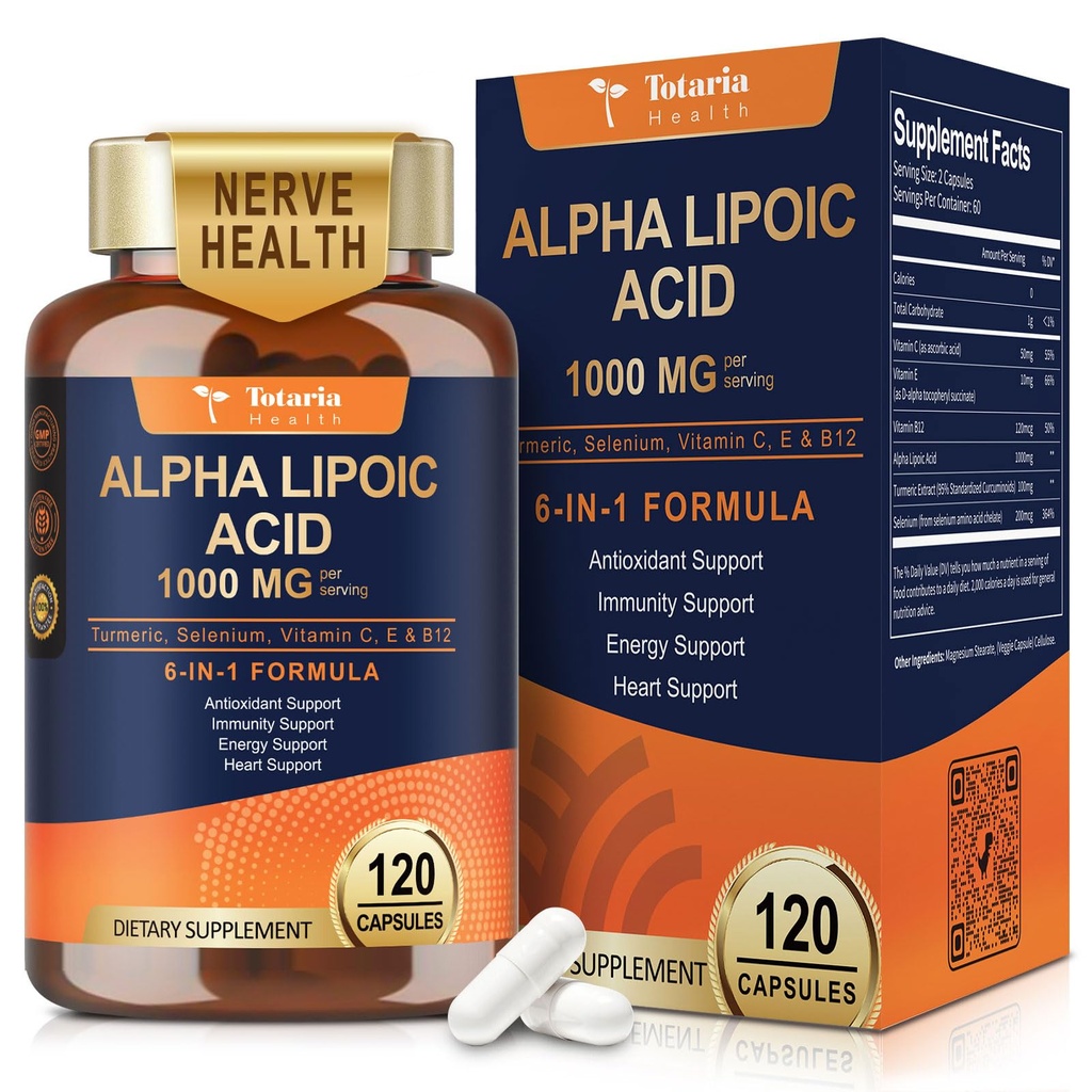 Totaria Alpha Lipoic Acid 1000mg - ALA Supplement Antioksidant for nevropati støtte Nerve Helse, Liver Detox, Antioksidant, Metabolisme og Cell Energy, Anti-Aging - Ikke-GMO, Glutenfri, Vegan trygt
