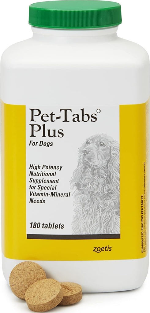 Pet-Tabs Plus Multivitamin og Mineral Supplement for hunder med spesielle ernæringsbehov, Chewable Tablet, 180 Count Bottle