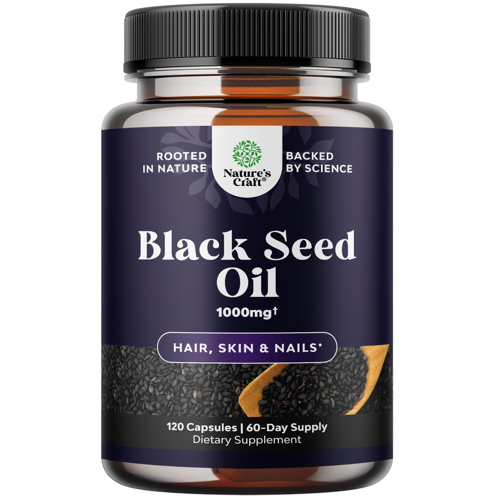 Kaldpresset svart frøoljekapsler - Vegan Nigella Sativa Svart kuminfrøoljekapsler med Omega 3 6 9 Antioksidanter og thyrokinon for hårvekst immunstøtte felles helse og digestion