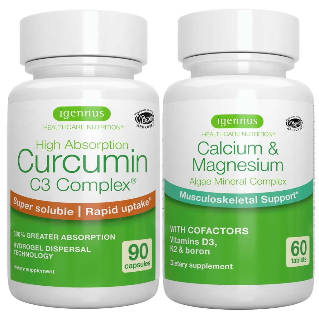 Algae Kalsium & Magnesium Complex + høy absorpsjon Curcumin C3 Complex, Vegan Bundle for Bein, Joints & Recovery fra trening, av Igennus