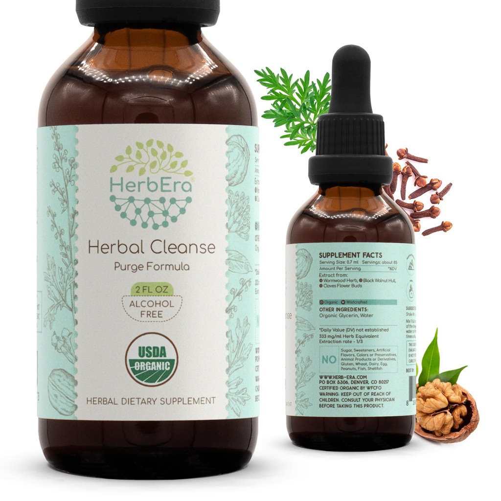 HerbEra Herbal Cleanse Organic alkohol-fri tinktur | Detox og renseformula, Ekstrakt Supplement | Organic Wormwood Urt, Svart Walnut Hull, Cloves Blomster Buds | Purge Extract (2 fl oz)