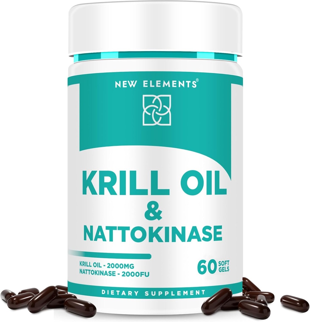 Nattokinase Supplement 4000 FU Organic with Antarctic Krill Oil Omega 3 Softgels 2000mg DHA EPA | Nattokinase Avledet fra japansk Natto | Cardiovaskulær og hjertehelse støtte | 60 Softgels