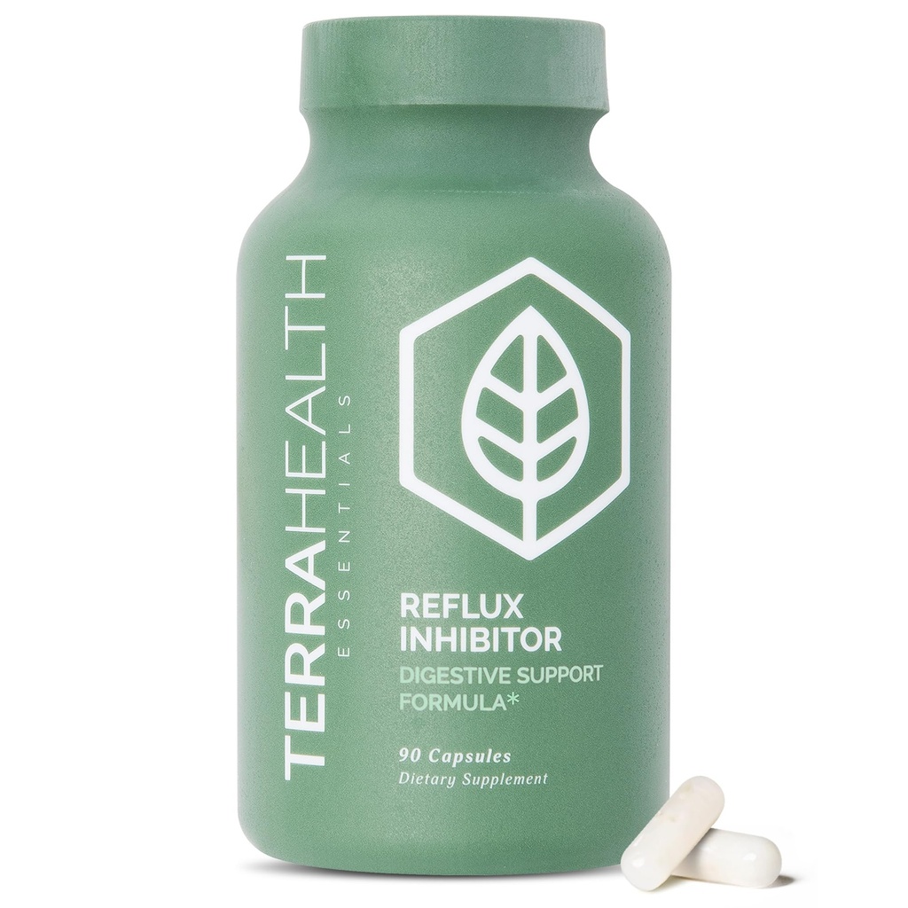 Terra Health Essentials - Reflux Inhibitor | Relieve Indigestion og Heartburn | 30-dagers forsyning (90 kapsler)