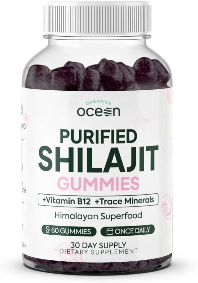 Organics Ocean Shilajit for menn og kvinner - Naturlig Supplement med vitamin B12, kromi og selen for aldersdefiing, energi, hormon støtte og mer - 60 Shilajit gummies