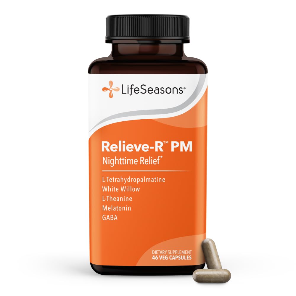 LifeSeasons Relieve-R PM - Eases Natt-Aches & Discomfort - Avslappende muskler - beroliger nervesystemet - støtter naturlige søvnsykluser og ikke-habit-forming - 46 kapsler