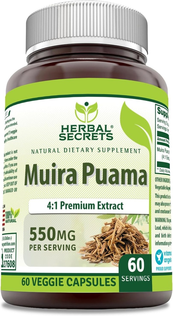 Herbal hemmeligheter Muira Puama 4:1 Ekstrakt Supplement | 550 Mg | 60 Veggie kapsler | Ikke-GMO | Glutenfri | Laget i USA