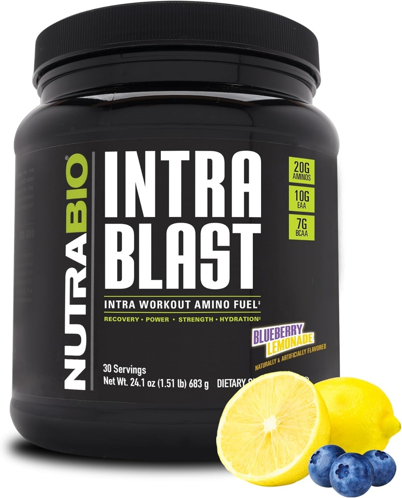NutraBio Intra Blast Bcaa pulver Aminosyre Supplement, Electrolyte & Hydration Blend, Intra, Pre Workout & Muscle Recovery, 20g Eaa Aminosyrer pulver, 5g Glutamin- blåbær sitronade, 30 servering
