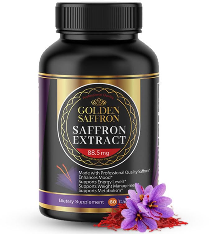 Golden Saffron Saffron Extract Capsules - Premium Saffron Supplements - 88.50 mg Pure Saffron Pills - Mood Support - Øyestøtte - Emosjonell balanse, fokus og øye helse laget i USA - 60 Kapsler