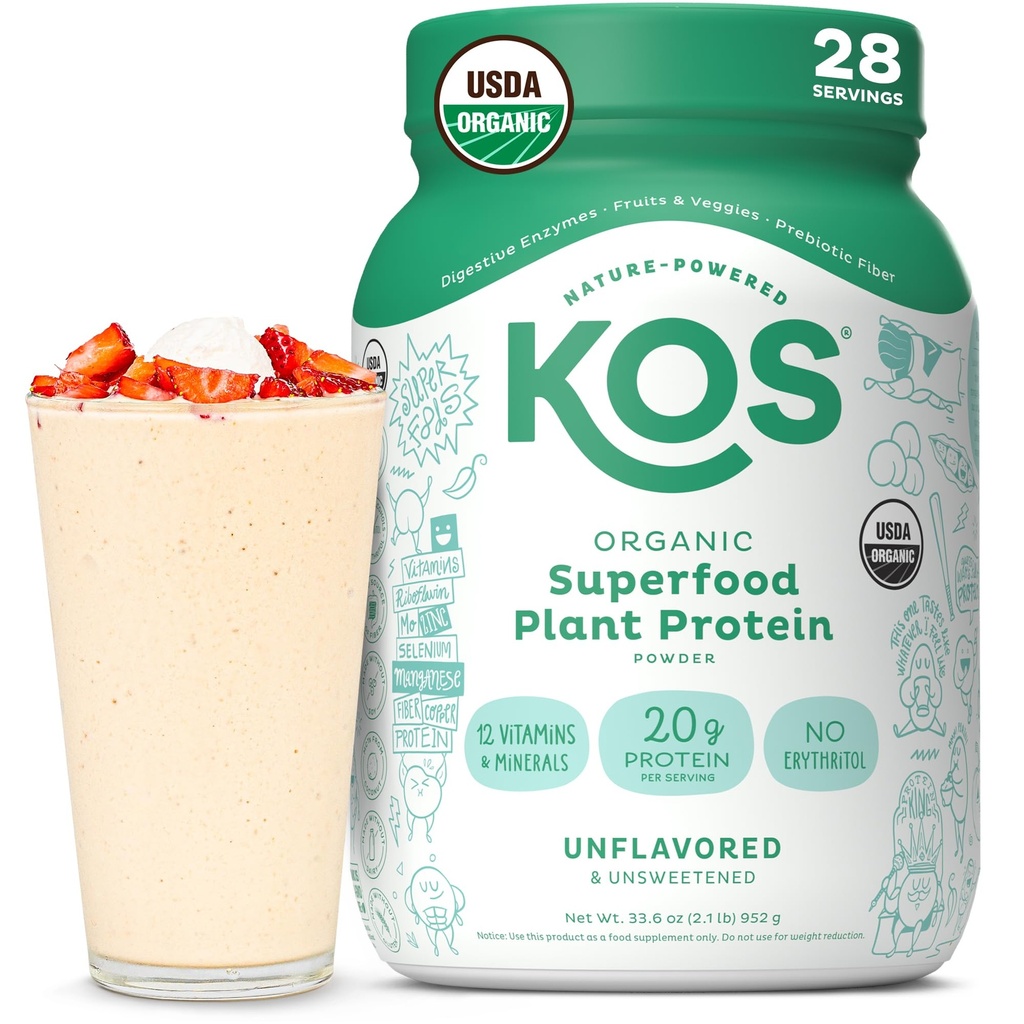 KOS Vegansk Protein pulver, uslavored & Usweeted - Lavkarbohydratblanding, organisk supermat rik på vitaminer og mineraler - Keto, Soya, Dairy Free - Måltid erstatning for kvinner og menn - 28 Serveringer