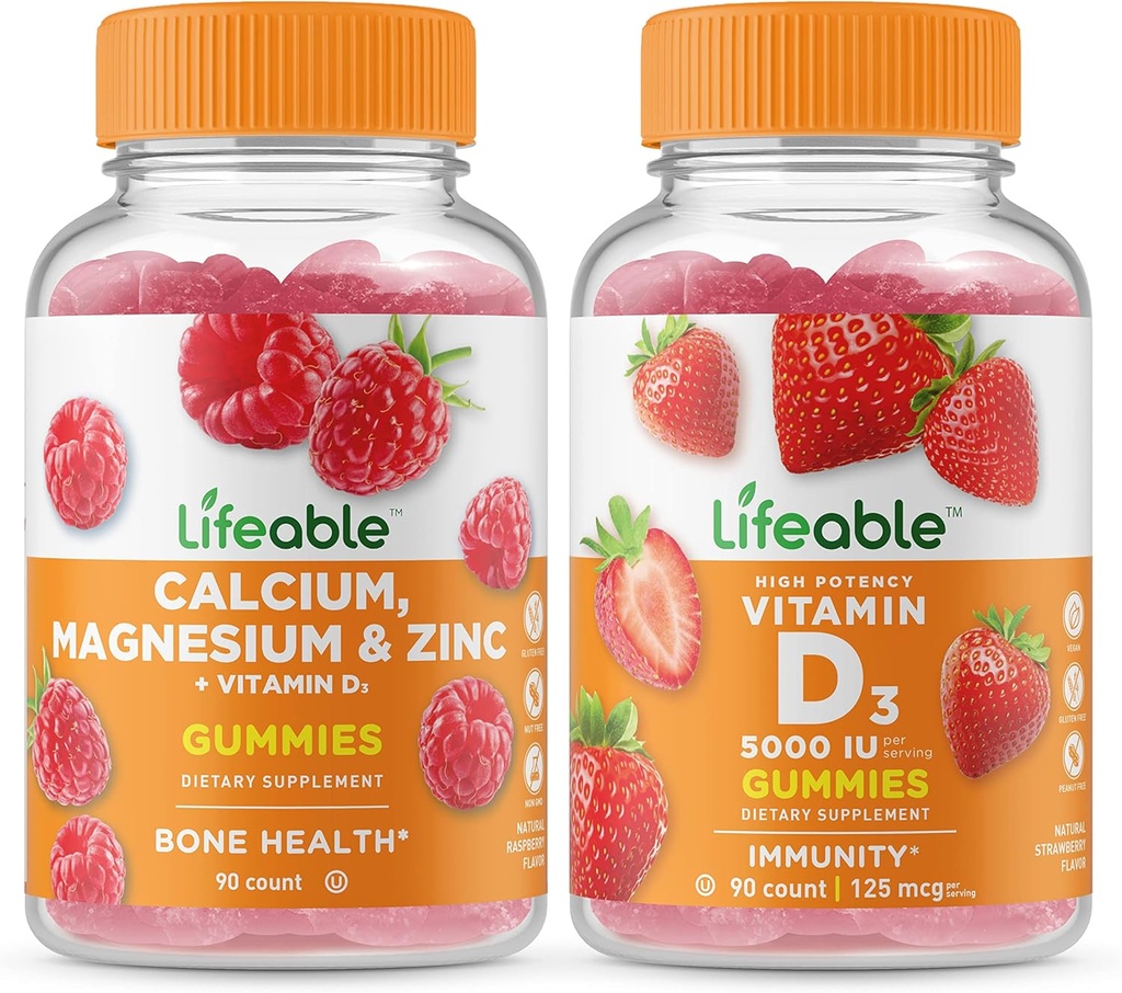 Livbart kalsium, magnesium, sink og vitamin D + vitamin D 5000 IE, gummer Bundle - Great Tasting, vitamin Supplement, Glutenfri, GMO Gratis, Chewable