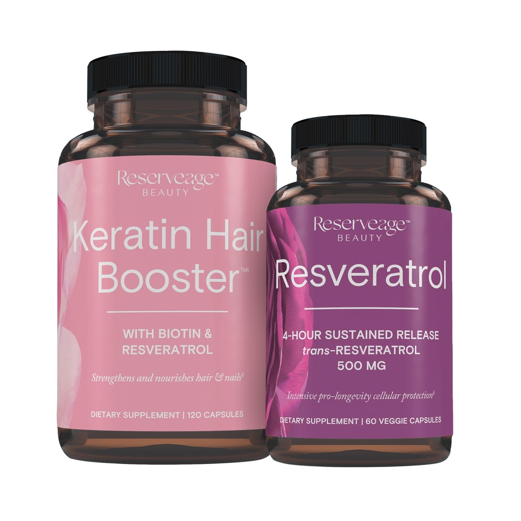 Reservering Ernæring Keratin Hår Booster med Biotin & Resveratrol, Hår og neglevekst Supplement, 120 kapsler (60 Serveringer) & Resveratrol 500 mg, støtter sunn aldring og immunsystem