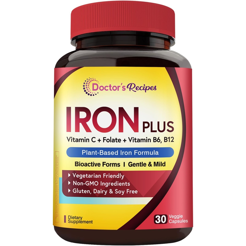Legens oppskrifter jerntilskudd for kvinner menn - Gentle Iron Bisglycinate med vitamin C, B6, Folat & B12 - Ikke-forenende og magevennlig jernpiller for blod og energi støtte, 30 Vegan Caps