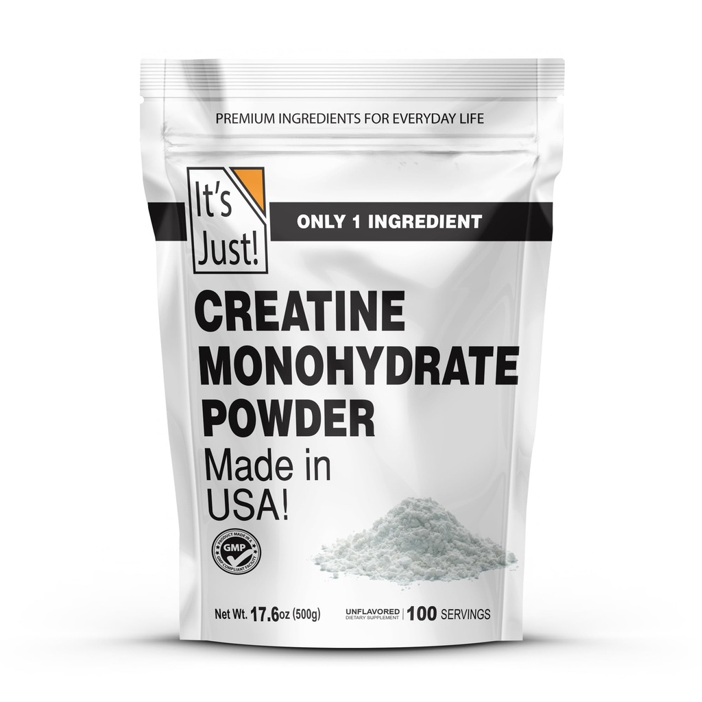 Det er bare! - Kreatin Monohydrat pulver, ren kreatinpulver, laget i USA, 3rd Party Lab testet, 5g Per Serving, Scoop inkludert, Ingen fyllstoffer, Ingen tilsatt flavor (uovertruffen, 500g / 100 serveringer)