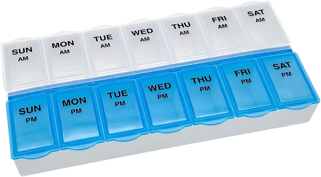 Basic Care (7-dager) AM / PM piller Organizer, Vitamin Case, Og Medisin Box, Store sammenligninger, 2 ganger om dagen, Blå og Clear Lids