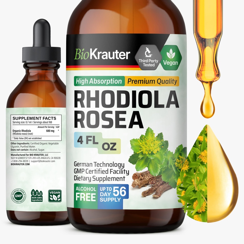 BIO KRAUTER Rhodiola Supplement væske - ren Rhodiola Rosea Tinktur for ro støtte - alkohol og sukker gratis ekstrakt - 4 Fl.Oz.