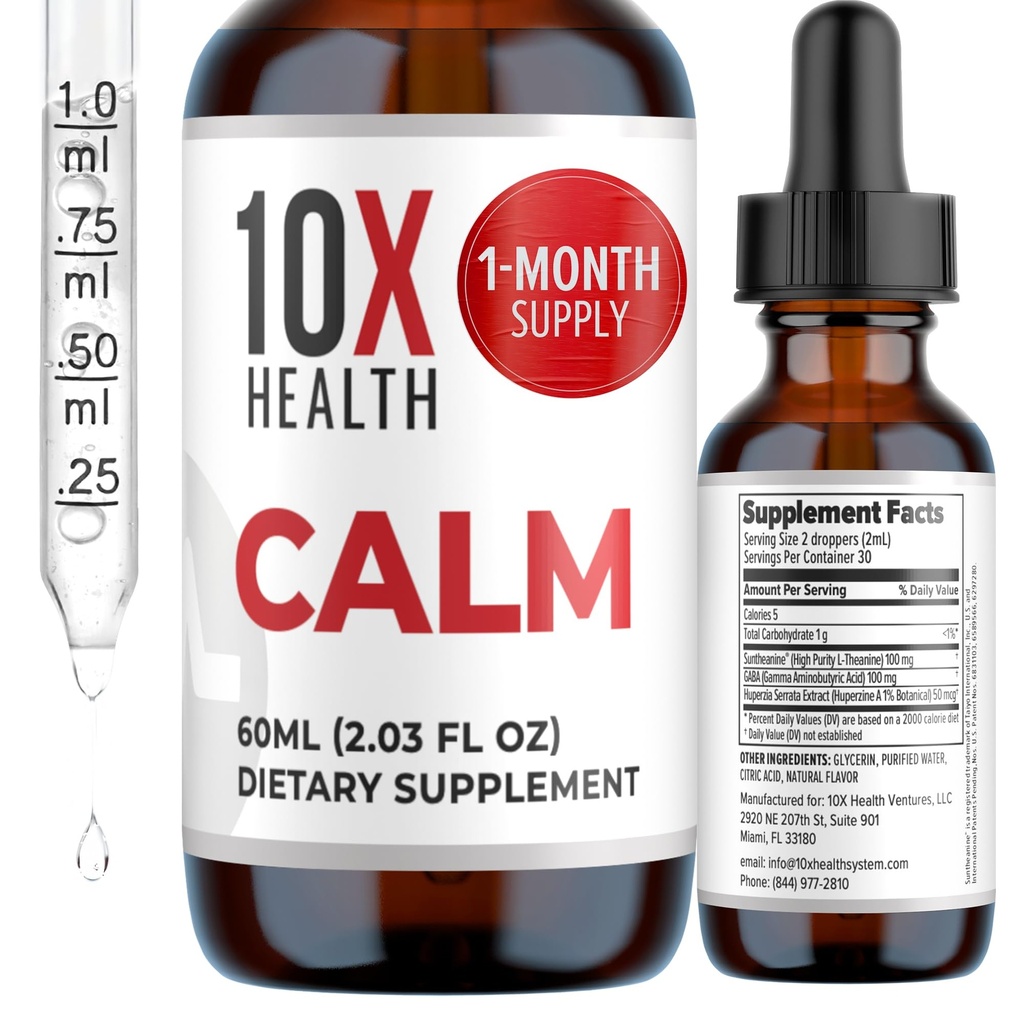10X Health Calm L Theanine Supplement flytende dråper - 100mg L'Theanine Drops & 100mg GABA Supplement for å støtte Nerver, rolig & stress - Naturlig Flavor 2.03 Floz.
