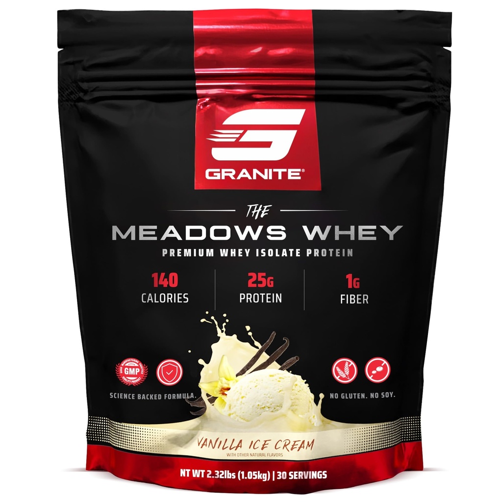 Granitt Supplements Den Meadows Whey Protein Isolat Protein pulver for Lean Muscle med 150 kalorier, 2g Fiber, 1g Sukker (30 Serveringer), Vanilla Ice Cream Flavor
