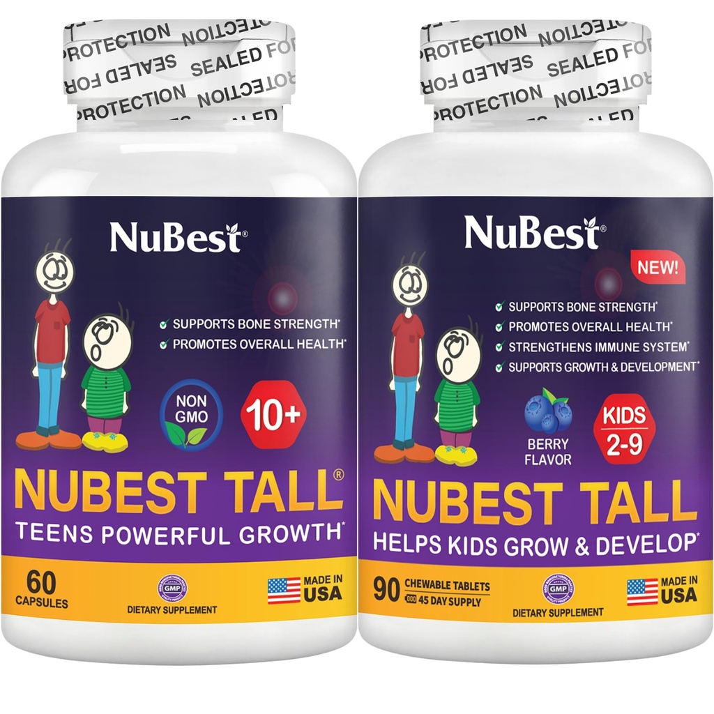 NuBest Bundle Tall 10+ 60 Kapsler Tall Kids 90 Chewable tabletter | Høydevekst støtte for barn og tenåringer | Kalsium, vitaminer D3 K2, Collagen & Herbal Blanding