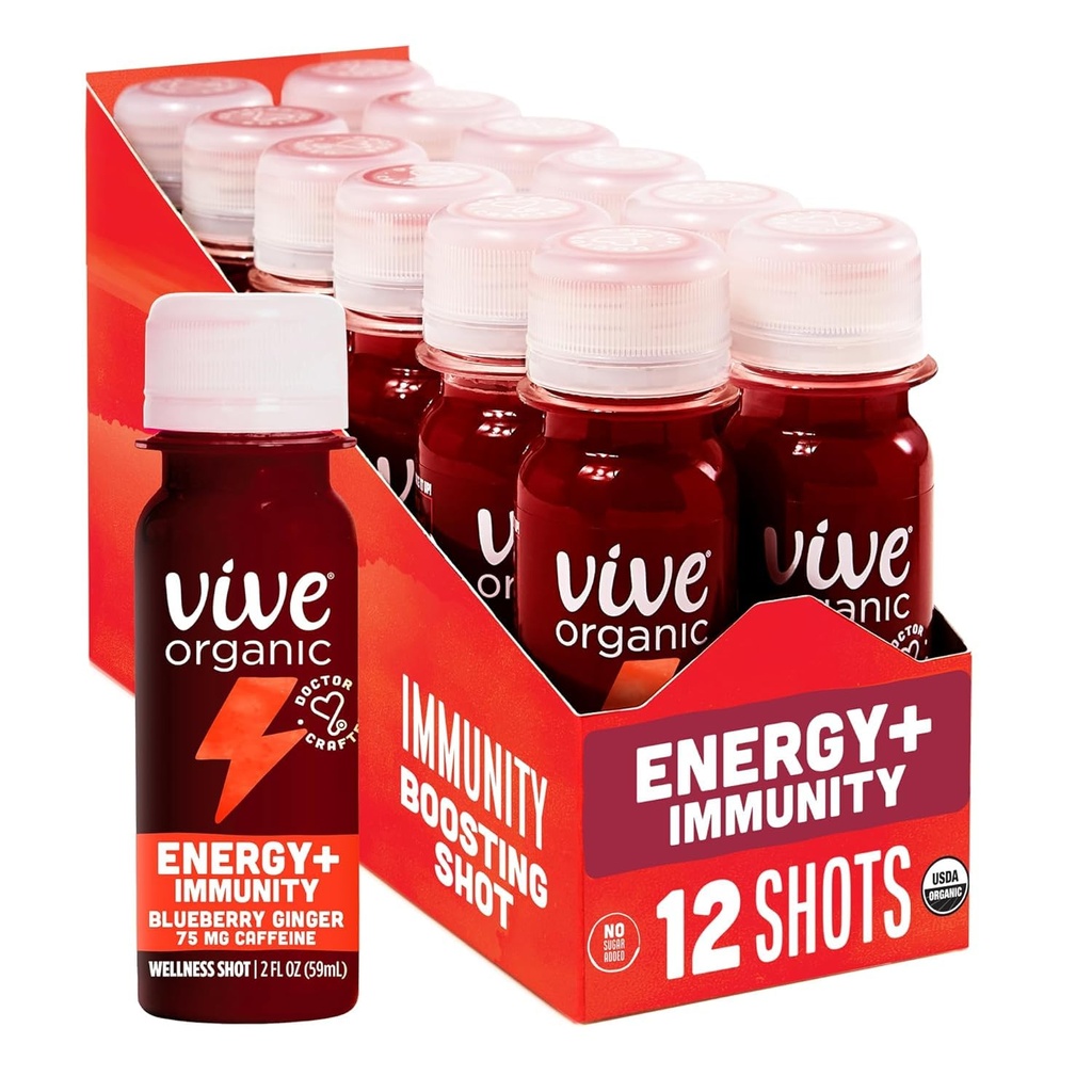 Vive Økologisk energi Shot + Immun støtte, Immunforsvar med Ashwagandha, Grønn Te & Koffein, Glutenfri, Vegan, Energi og Focus, 2 Fl Oz (pakke med 12)