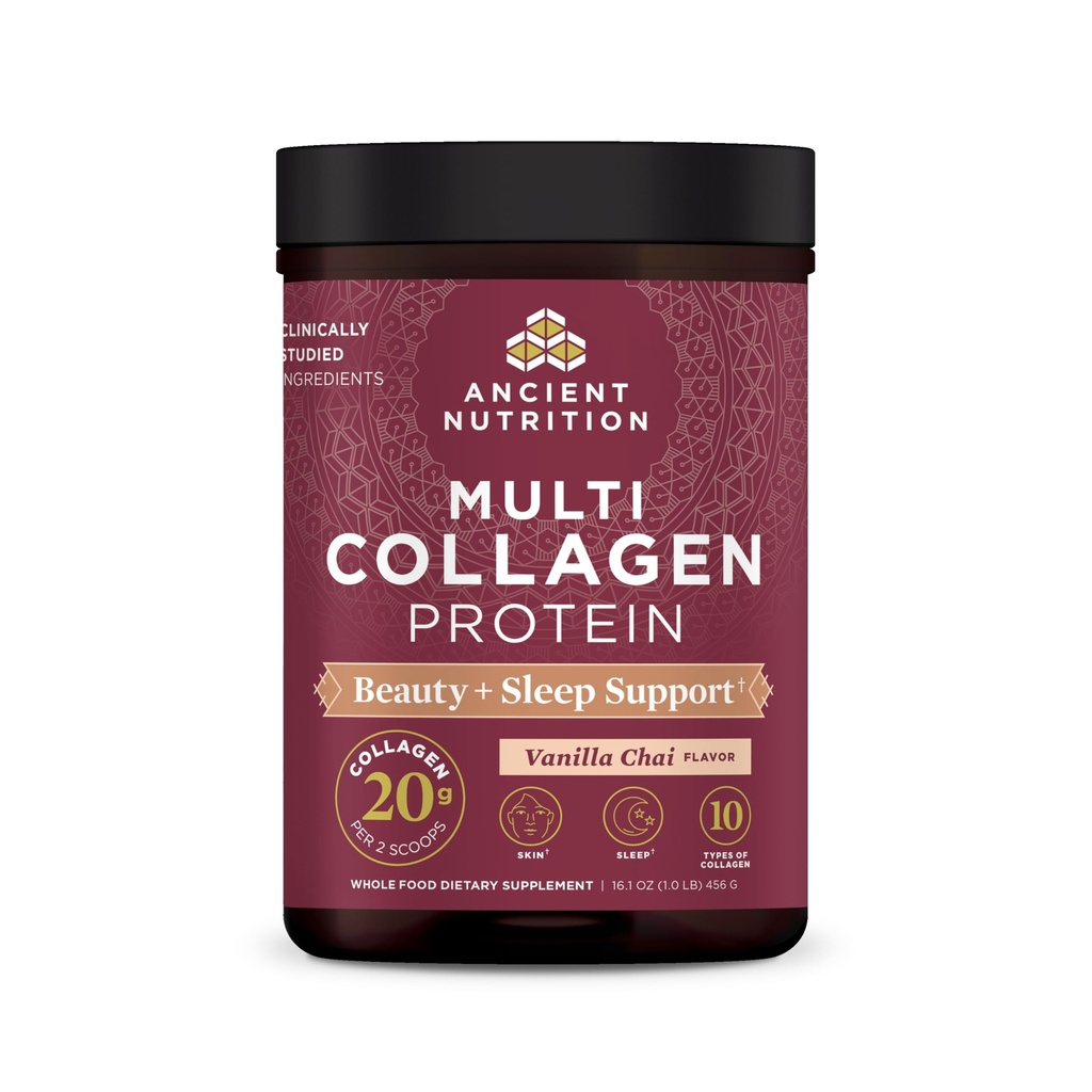 Gamle ernæring kollagen pulver protein, multi kollagen protein skjønnhet + sove med vitamin C, Vanilla Chai, Hydrolysert kollagen peptider støtter hud og negler, søvn, 16.1oz