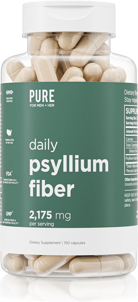 Daglig Psyllium Husk Fiber Supplement av ren for menn og ren for henne Digestiv regelmessighet & Gut helse støtte | Oppløselig fiber pulver, 2,175mg Per servering | 150 kapsler