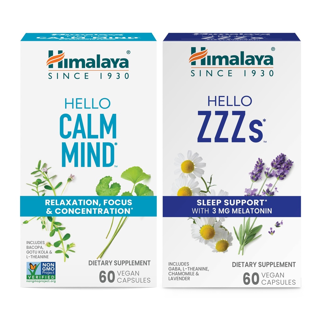 Himalaya Hello Calm Mind med Bacopa for avslapping, fokus og konsentrasjon og Hello ZZZs med Melatonin for søvnstøtte, 60 kapsler hver - Bundle